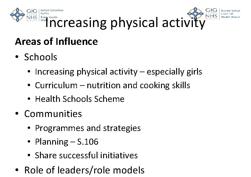 Increasing physical activity Areas of Influence • Schools • Increasing physical activity – especially