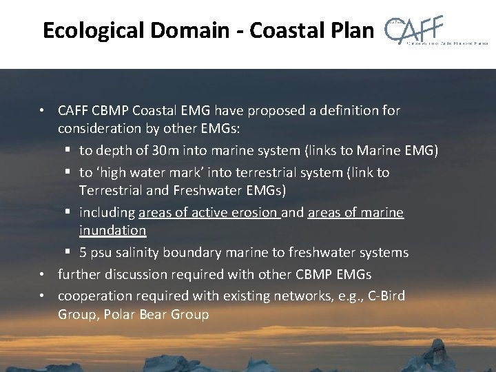 Ecological Domain - Coastal Plan • CAFF CBMP Coastal EMG have proposed a definition