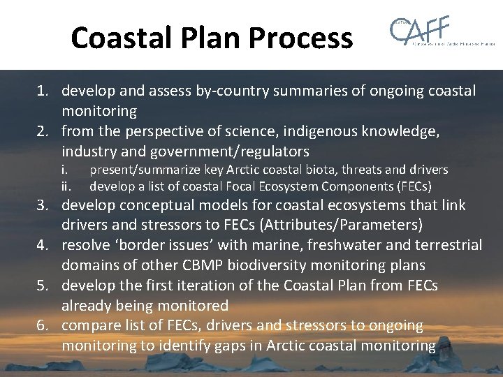 Coastal Plan Process 1. develop and assess by-country summaries of ongoing coastal monitoring 2.