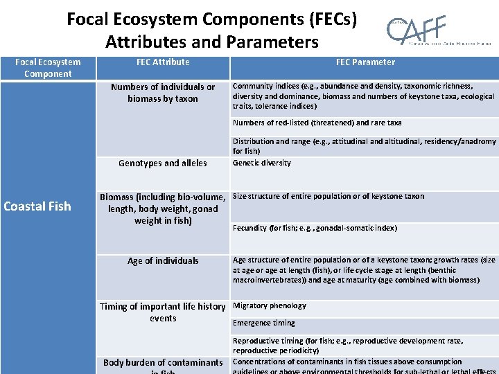 Focal Ecosystem Components (FECs) Attributes and Parameters Focal Ecosystem Component FEC Attribute FEC Parameter