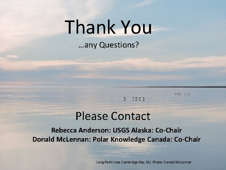 Thank You …any Questions? Please Contact Rebecca Anderson: USGS Alaska: Co-Chair Donald Mc. Lennan: