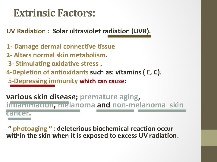 Extrinsic Factors: UV Radiation : Solar ultraviolet radiation (UVR). 1 - Damage dermal connective