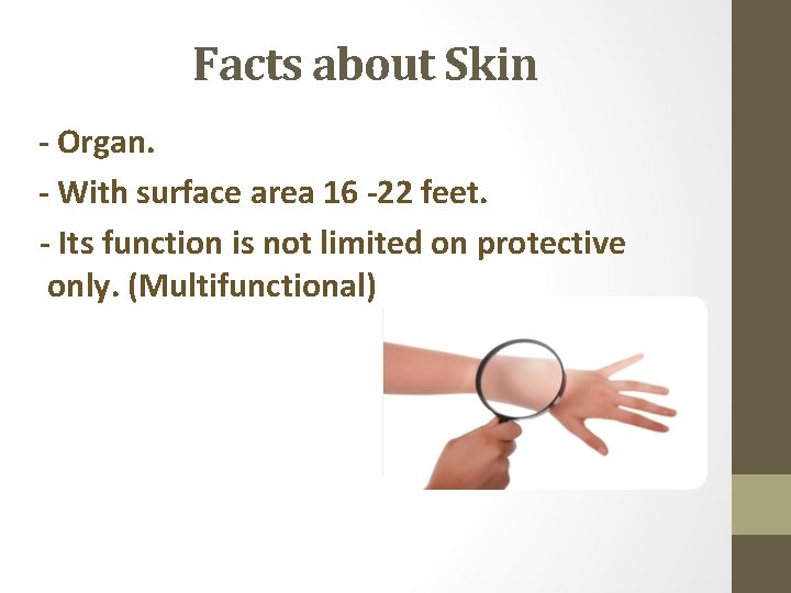 Facts about Skin - Organ. - With surface area 16 -22 feet. - Its