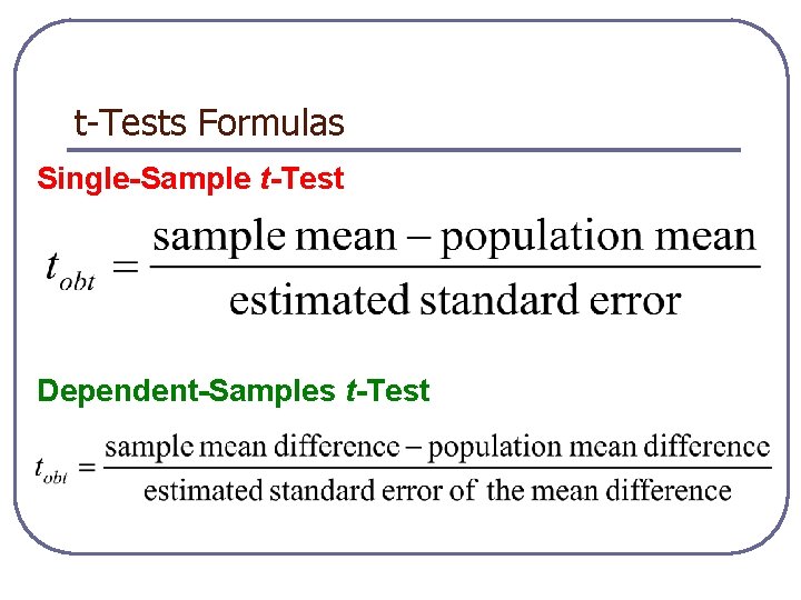 t-Tests Formulas Single-Sample t-Test Dependent-Samples t-Test 
