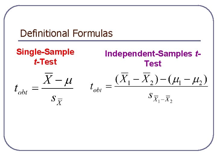 Definitional Formulas Single-Sample t-Test Independent-Samples t. Test 