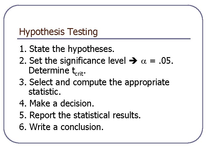 Hypothesis Testing 1. State the hypotheses. 2. Set the significance level =. 05. Determine