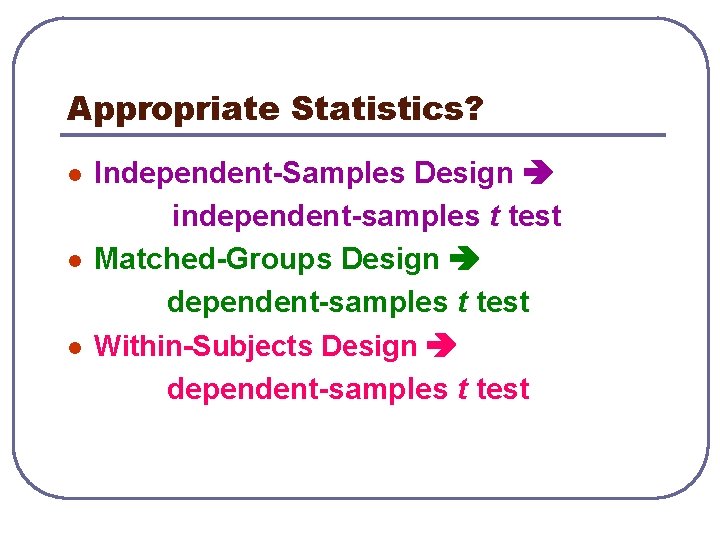 Appropriate Statistics? l l l Independent-Samples Design independent-samples t test Matched-Groups Design dependent-samples t