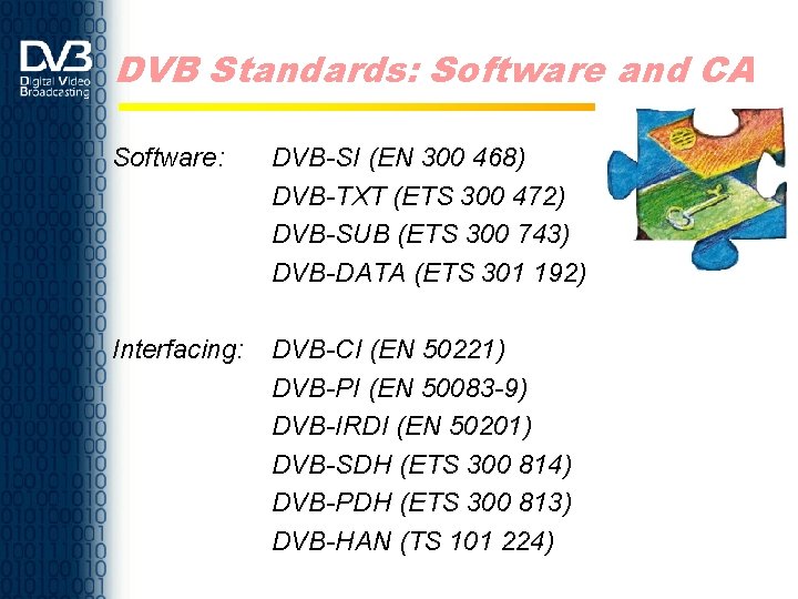 DVB Standards: Software and CA Software: DVB-SI (EN 300 468) DVB-TXT (ETS 300 472)