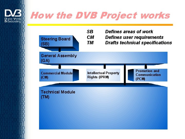 How the DVB Project works Steering Board (SB) SB CM TM Defines areas of