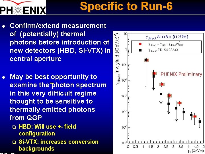 Specific to Run-6 l l Confirm/extend measurement of (potentially) thermal photons before introduction of