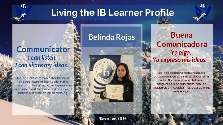 Living the IB Learner Profile Belinda Rojas Communicator Buena Comunicadora Yo oigo. Yo expreso