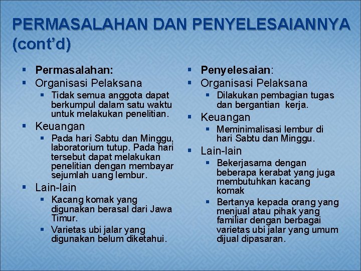 PERMASALAHAN DAN PENYELESAIANNYA (cont’d) § Permasalahan: § Organisasi Pelaksana § Tidak semua anggota dapat