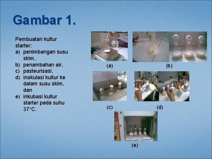 Gambar 1. Pembuatan kultur starter: a) penimbangan susu skim, b) penambahan air, c) pasteurisasi,