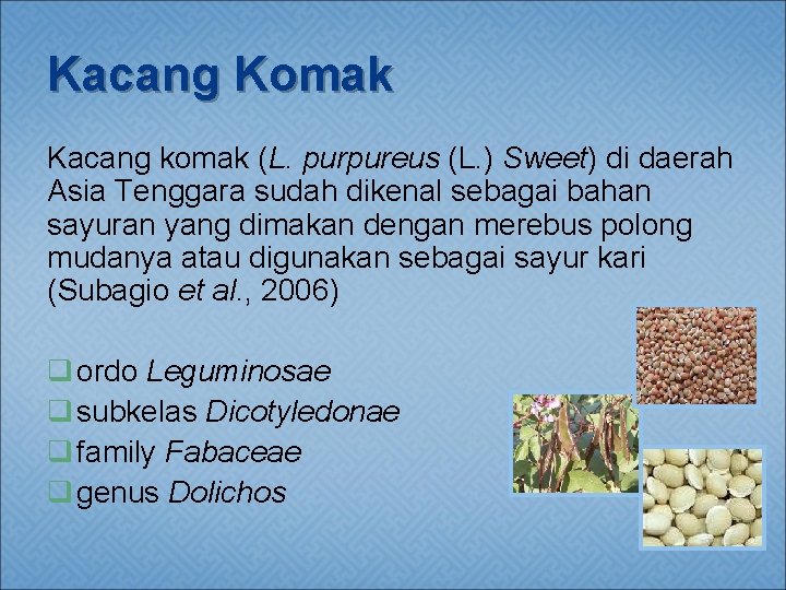 Kacang Komak Kacang komak (L. purpureus (L. ) Sweet) di daerah Asia Tenggara sudah