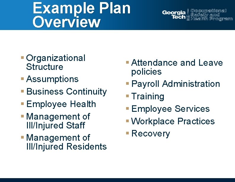 Example Plan Overview § Organizational Structure § Assumptions § Business Continuity § Employee Health