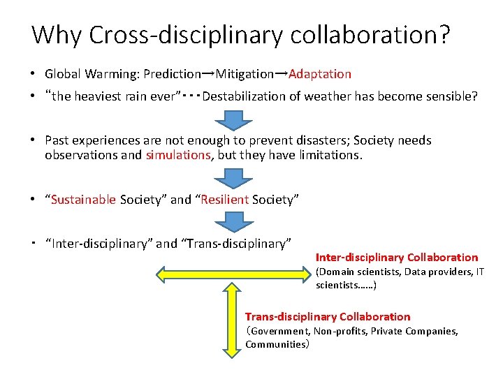 Why Cross-disciplinary collaboration? • 　Global Warming: Prediction→Mitigation→Adaptation • “the heaviest rain ever”・・・Destabilization of weather