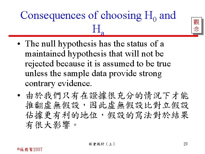 Consequences of choosing H 0 and Ha 觀 念 • The null hypothesis has