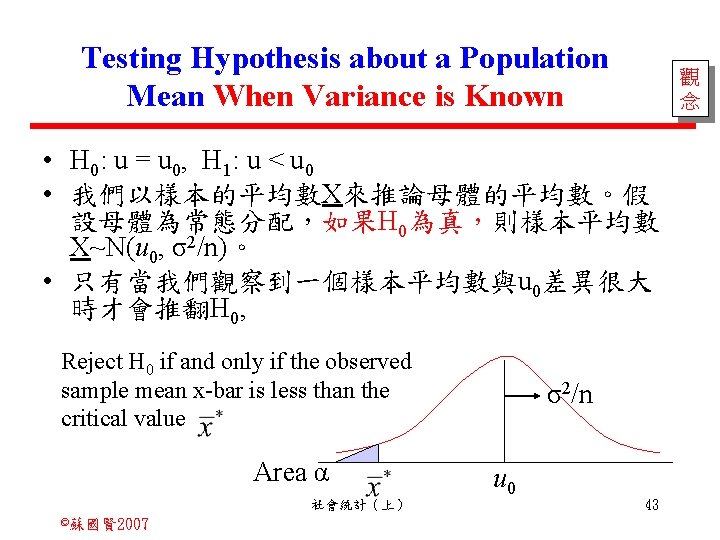 Testing Hypothesis about a Population Mean When Variance is Known 觀 念 • H