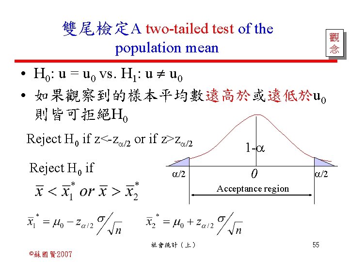 雙尾檢定A two-tailed test of the 觀 念 population mean • H 0: u =