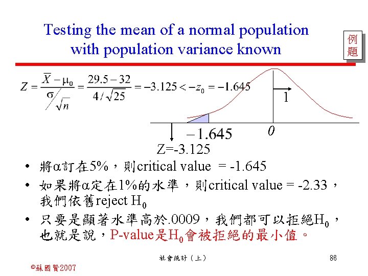Testing the mean of a normal population with population variance known 例 題 1
