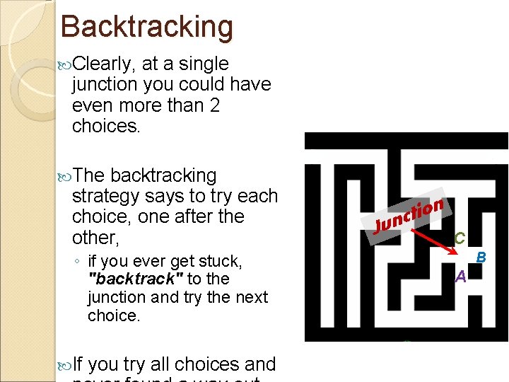 Backtracking Clearly, at a single junction you could have even more than 2 choices. Backtracking Clearly, at a single junction you could have even more than 2 choices.