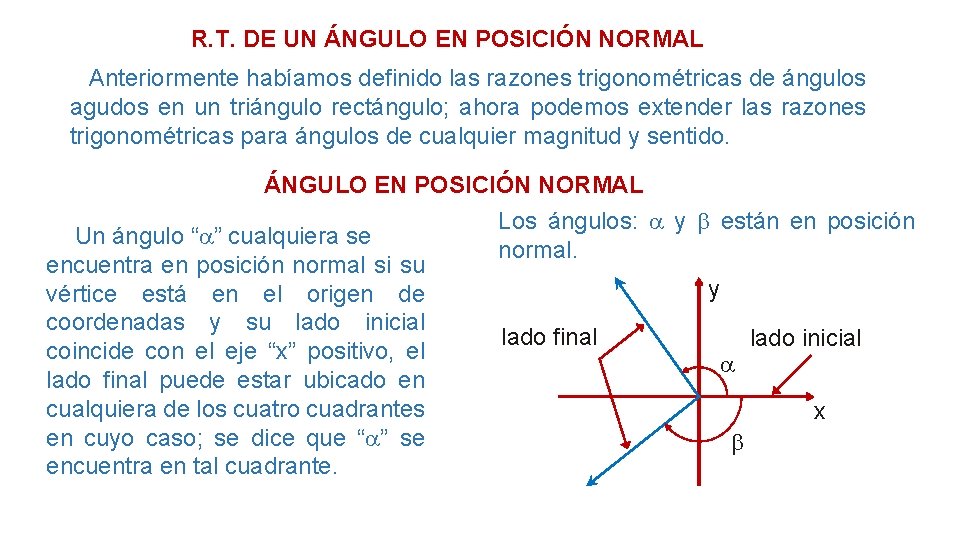 R. T. DE UN ÁNGULO EN POSICIÓN NORMAL Anteriormente habíamos definido las razones trigonométricas