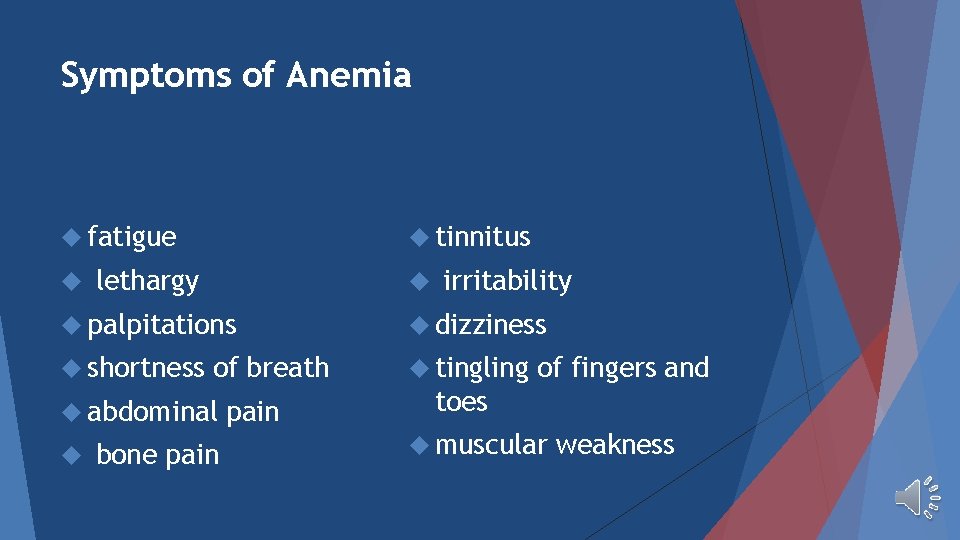 Symptoms of Anemia fatigue tinnitus lethargy irritability palpitations dizziness shortness tingling of breath abdominal