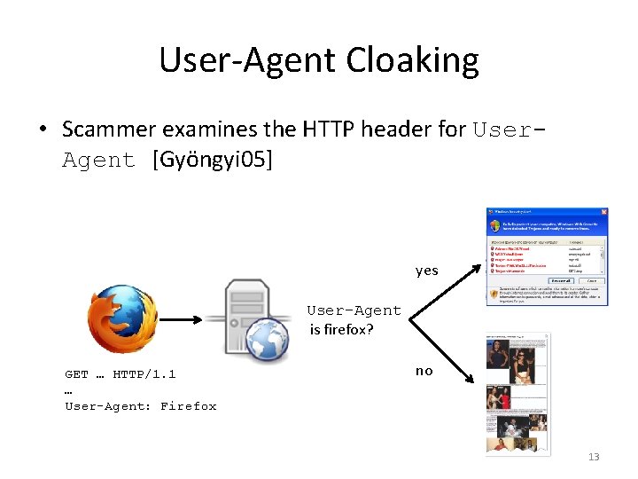 User-Agent Cloaking • Scammer examines the HTTP header for User. Agent [Gyöngyi 05] yes