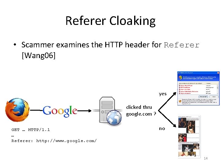 Referer Cloaking • Scammer examines the HTTP header for Referer [Wang 06] yes clicked