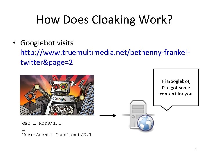 How Does Cloaking Work? • Googlebot visits http: //www. truemultimedia. net/bethenny-frankeltwitter&page=2 Hi Googlebot, I’ve