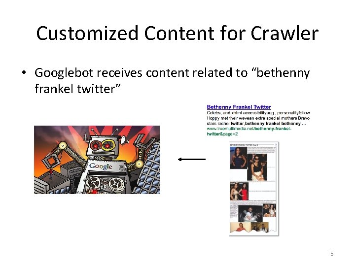 Customized Content for Crawler • Googlebot receives content related to “bethenny frankel twitter” 5