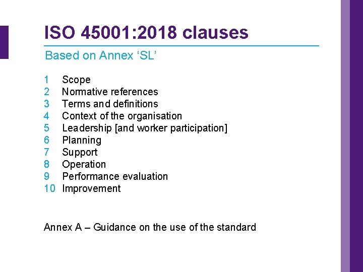 ISO 45001: 2018 clauses Based on Annex ‘SL’ 1 2 3 4 5 6