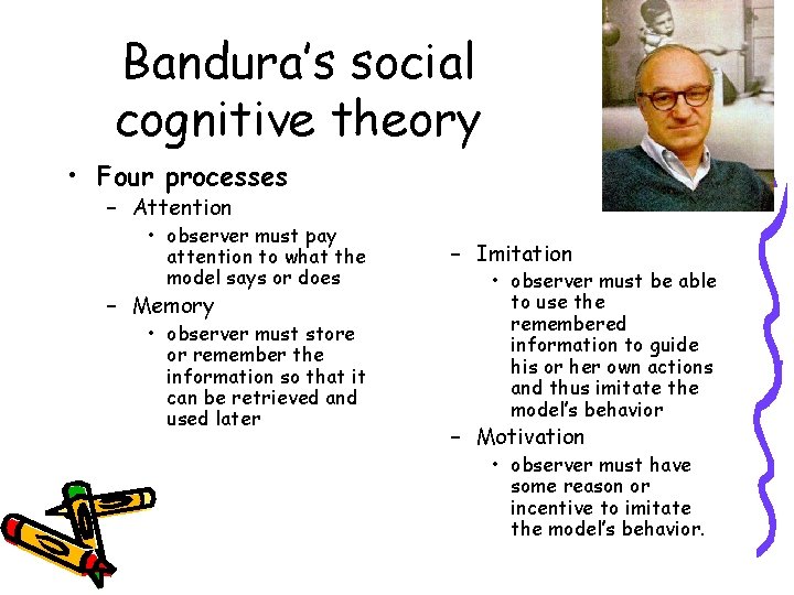 Bandura’s social cognitive theory • Four processes – Attention • observer must pay attention