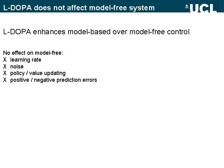 L-DOPA does not affect model-free system L-DOPA enhances model-based over model-free control No effect L-DOPA does not affect model-free system L-DOPA enhances model-based over model-free control No effect
