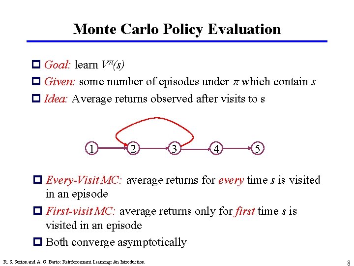 Monte Carlo Policy Evaluation p Goal: learn V (s) p Given: some number of