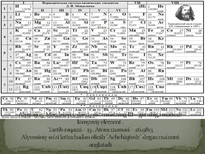 Alyuminiy Mendeleyev davriy sistemasining III – guruhiga mansub kimyoviy element. Tartib raqami – 13.