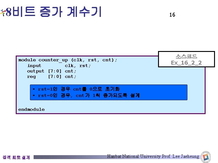 8비트 증가 계수기 16 module counter_up (clk, rst, cnt); input clk, rst; output [7: