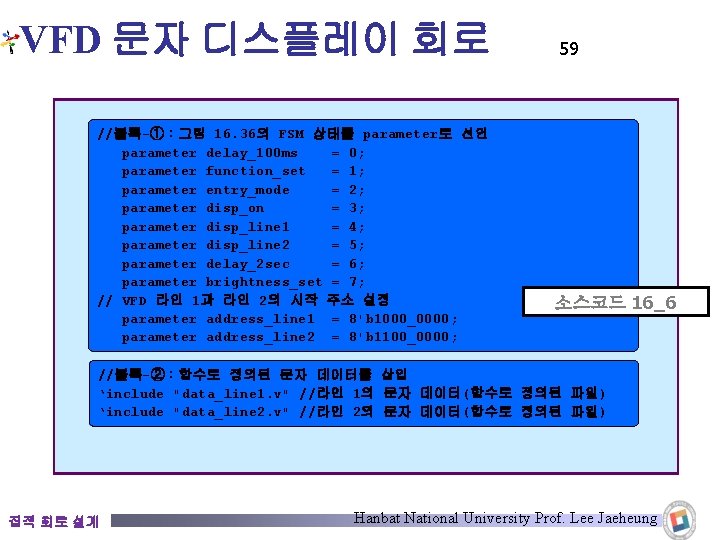 VFD 문자 디스플레이 회로 //블록-①：그림 16. 36의 FSM 상태를 parameter로 선언 parameter delay_100 ms