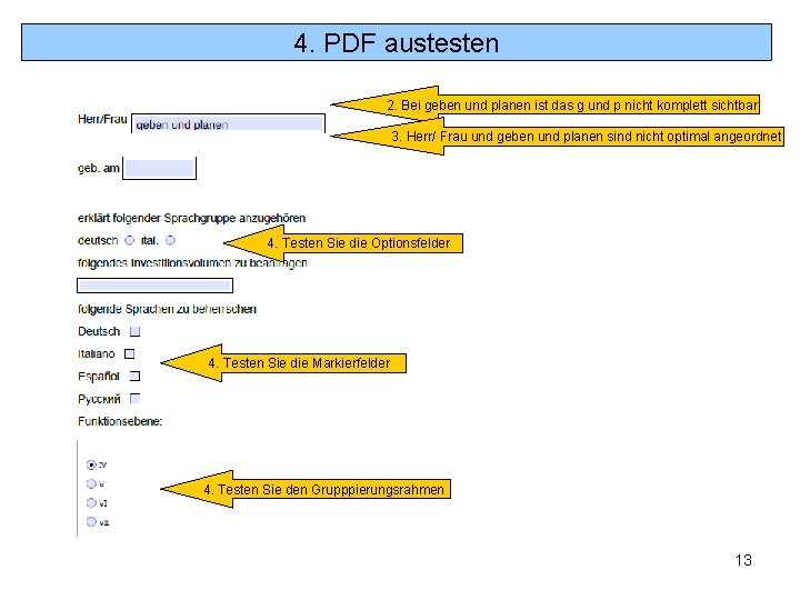 4. PDF austesten 2. Bei geben und planen ist das g und p nicht