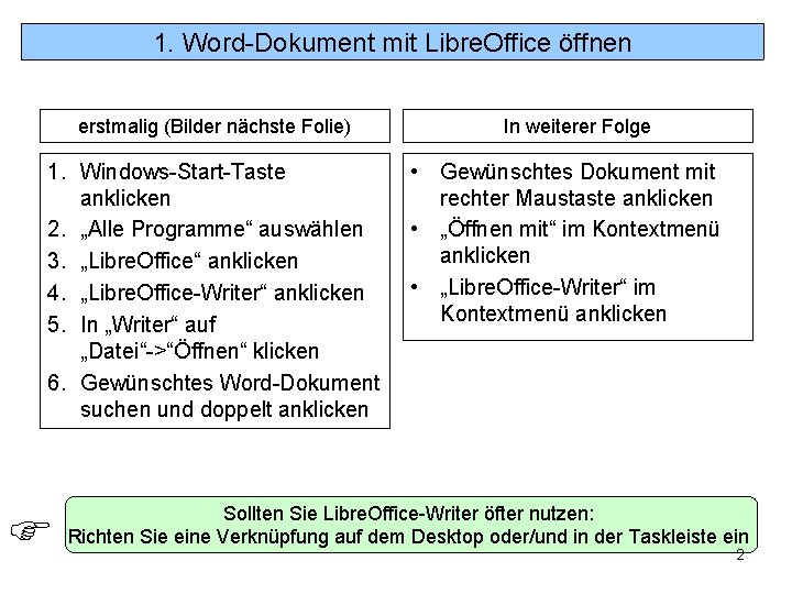 1. Word-Dokument mit Libre. Office öffnen erstmalig (Bilder nächste Folie) 1. Windows-Start-Taste anklicken 2.