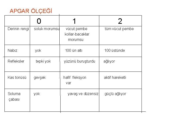 APGAR ÖLÇEĞİ 0 1 2 Derinin rengi soluk morumsu vücut pembe tüm vücut APGAR ÖLÇEĞİ 0 1 2 Derinin rengi soluk morumsu vücut pembe tüm vücut