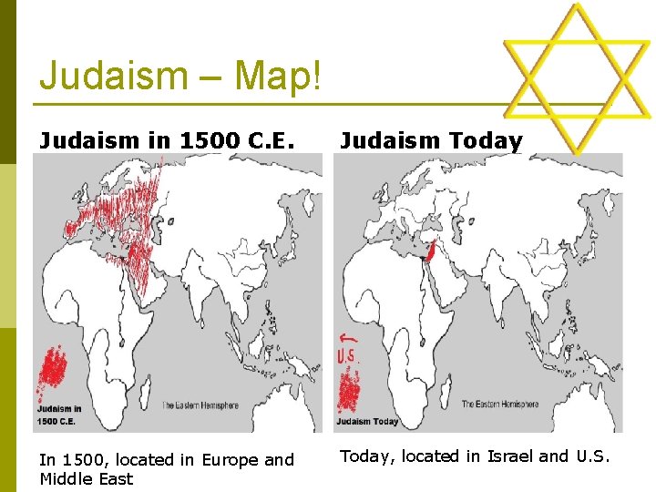 Judaism – Map! Judaism in 1500 C. E. Judaism Today In 1500, located in