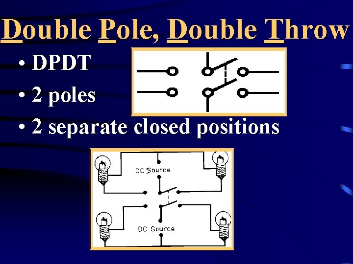 Double Pole, Double Throw • DPDT • 2 poles • 2 separate closed positions