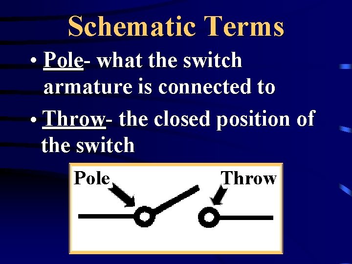 Schematic Terms • Pole- what the switch armature is connected to • Throw- the