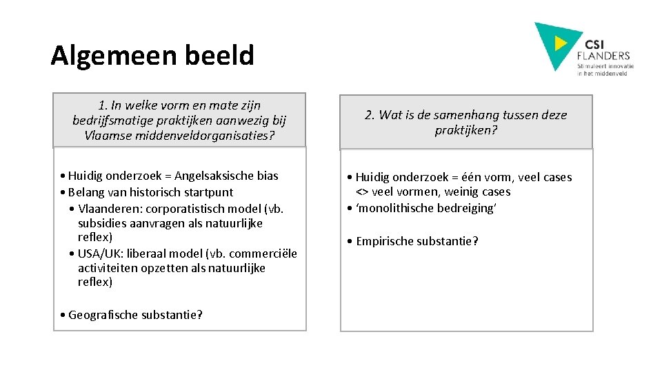 Algemeen beeld 1. In welke vorm en mate zijn bedrijfsmatige praktijken aanwezig bij Vlaamse