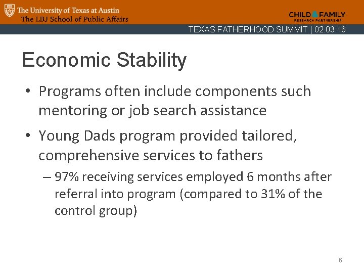 TEXAS FATHERHOOD SUMMIT | 02. 03. 16 Economic Stability • Programs often include components