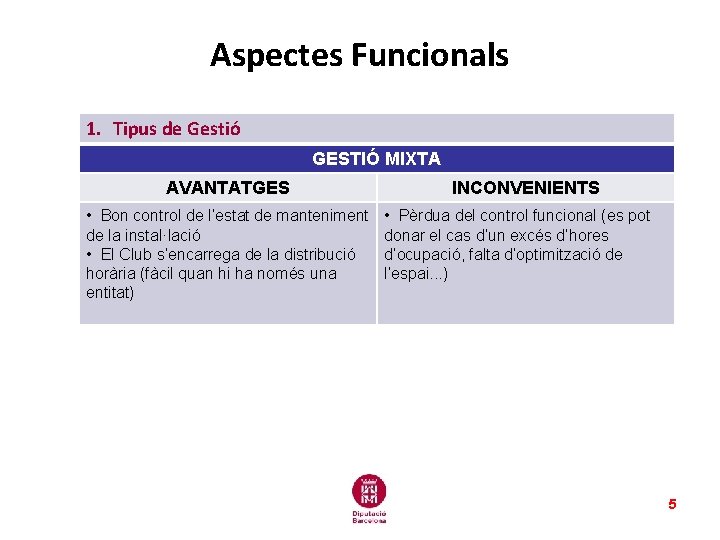 Aspectes Funcionals 1. Tipus de Gestió GESTIÓ MIXTA AVANTATGES • Bon control de l’estat Aspectes Funcionals 1. Tipus de Gestió GESTIÓ MIXTA AVANTATGES • Bon control de l’estat