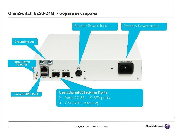 Omni. Switch 6250 -24 M - обратная сторона Backup Power input Grounding Lug Push