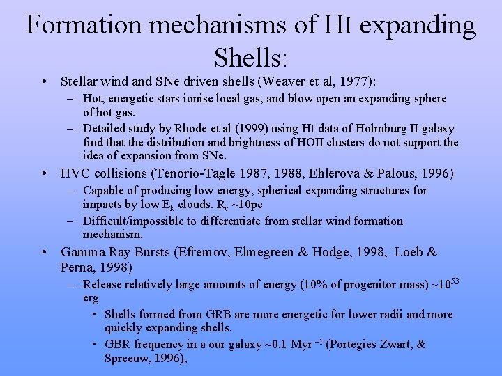 Formation mechanisms of HI expanding Shells: • Stellar wind and SNe driven shells (Weaver Formation mechanisms of HI expanding Shells: • Stellar wind and SNe driven shells (Weaver