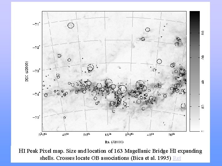 HI Peak Pixel map. Size and location of 163 Magellanic Bridge HI expanding shells. HI Peak Pixel map. Size and location of 163 Magellanic Bridge HI expanding shells.